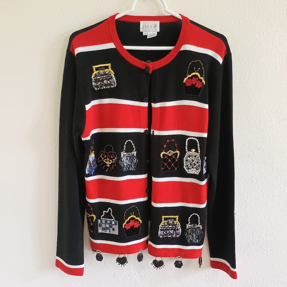 Just B Sequin Beaded Red Black Cardigan Applique Purses Hanging Embellished Sz M